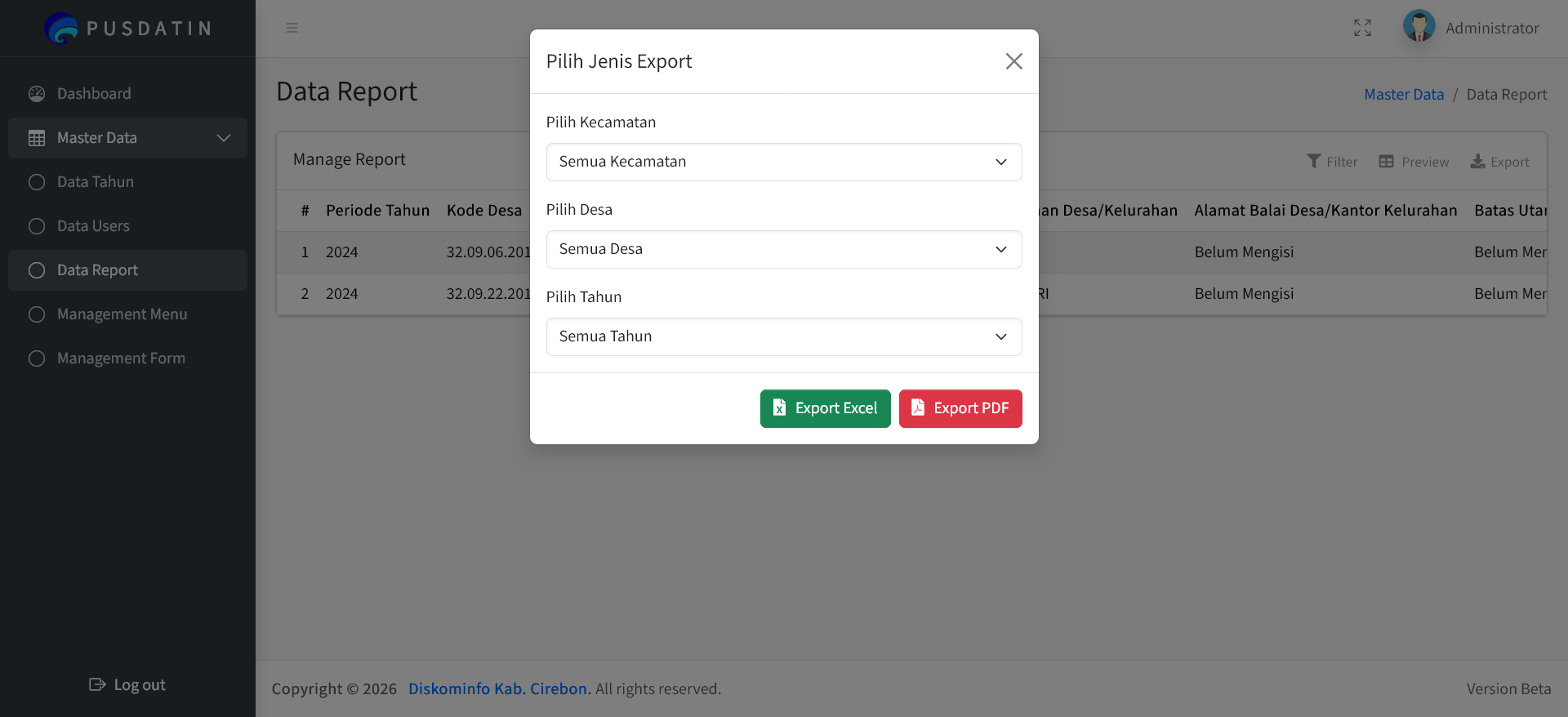 Export Data Page