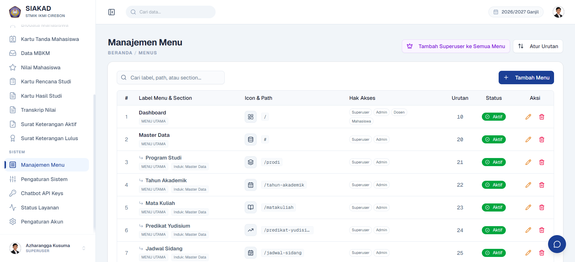Menu Management Page